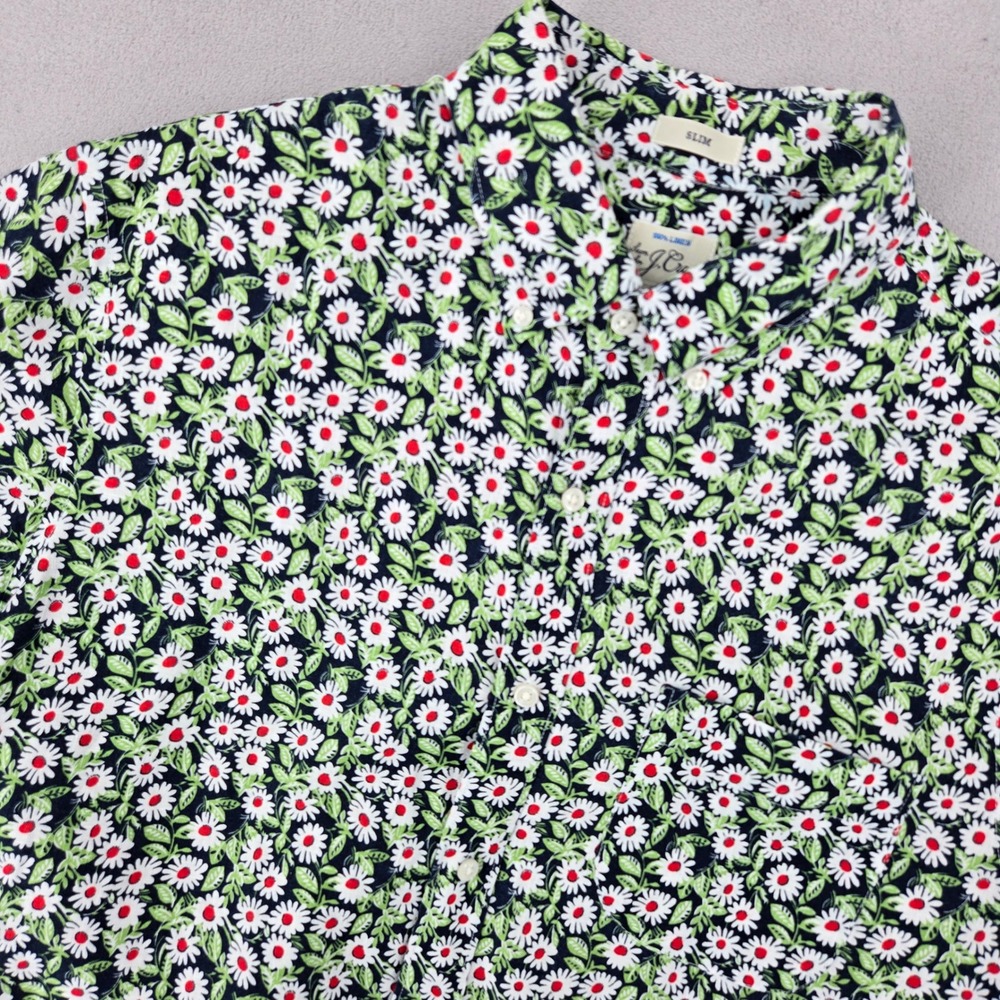 J.Crew Mens M Short Sleeve Linen Shirt Daisy Floral Navy Slim Fit Button Down